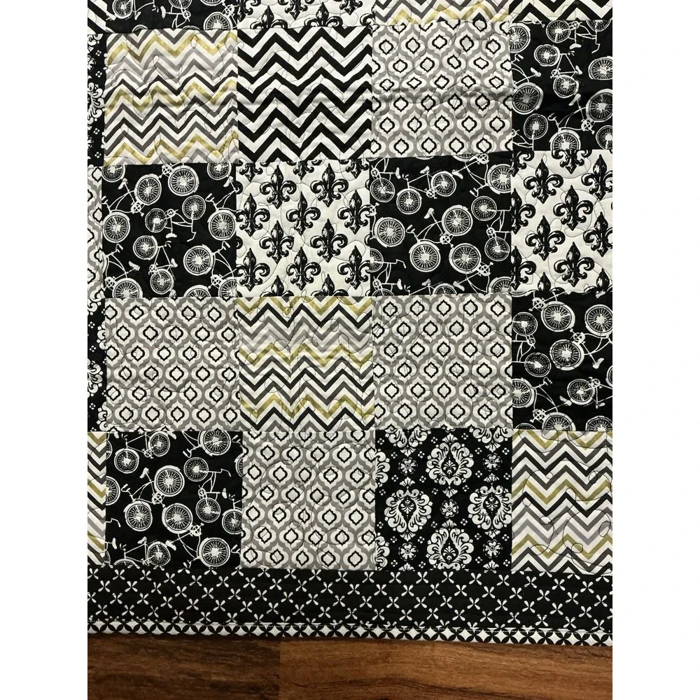 Handcrafted By Dee Black & White Patchwork Quilt 40in X 30in Bicycles & Chevron